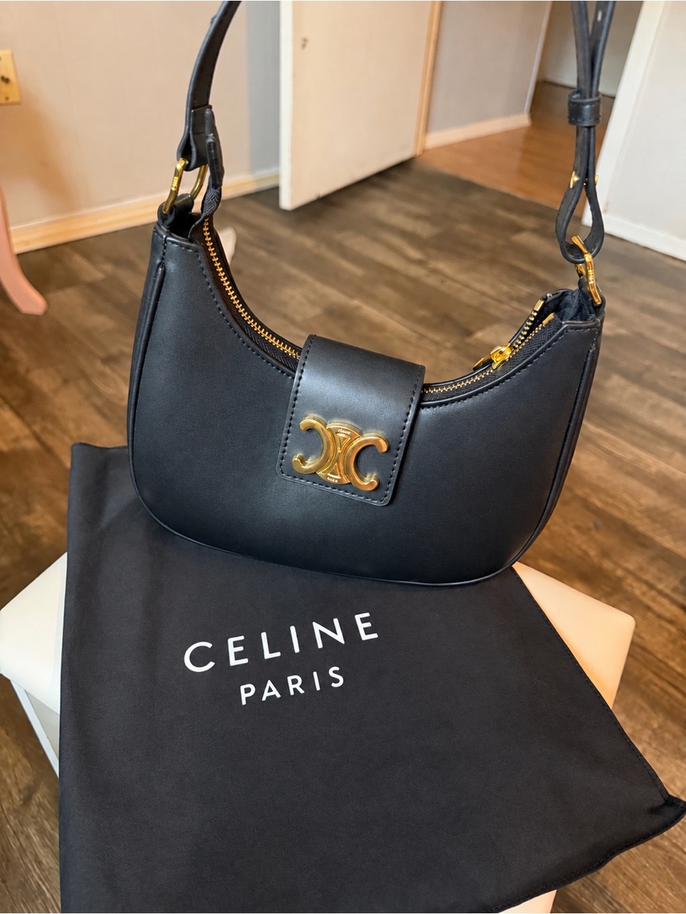 Celine Medium Ava Triomphe Bag in Smooth Calfskin Black Shoulder Bag